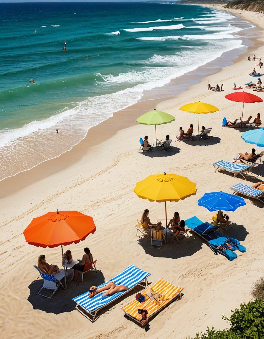 A stylish beach scene featuring a diverse group of people transitioning from casual loungewear to trendy swimwear. Include colorful beach umbrellas, surfboards in the background, and various beach accessories like sunglasses and hats. Vibrant sand and ocean waves create a lively atmosphere. Focus on showcasing fashion-forward swimwear designs with accessories, and a relaxed yet fashionable vibe. super-realistic. vibrant colors. summer theme.