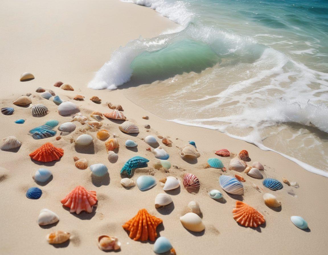 A serene beach scene featuring diverse, stylish swimwear made from ocean-friendly materials, adorned with tropical patterns and vibrant colors. In the background, gentle waves lap at the shore, with a clear blue sky and hints of marine life peeking from the water. Include eco-conscious messages subtly embedded in the scene, like seashells or coral, to emphasize sustainability. super-realistic. vibrant colors. white background.